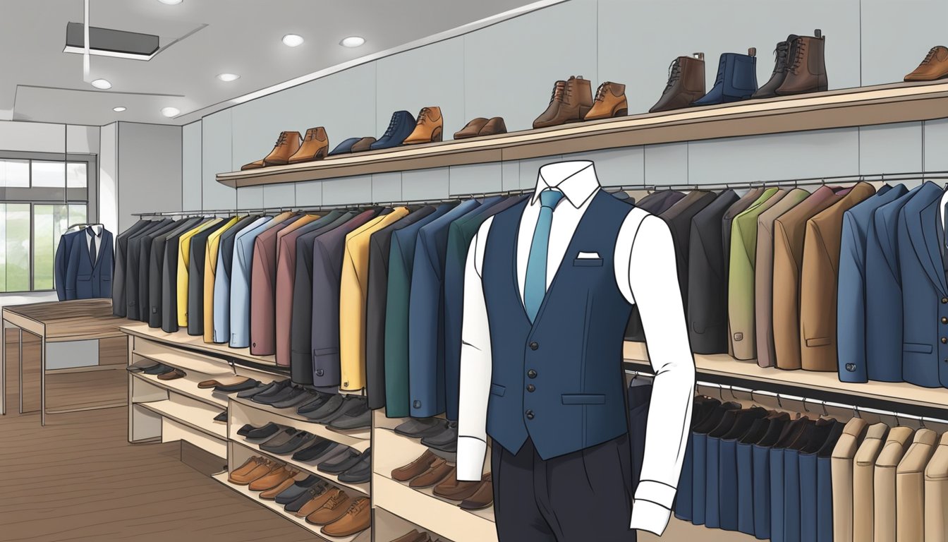A display of suit vests in a Singaporean menswear store, showcasing various styles and colors for customers to choose from