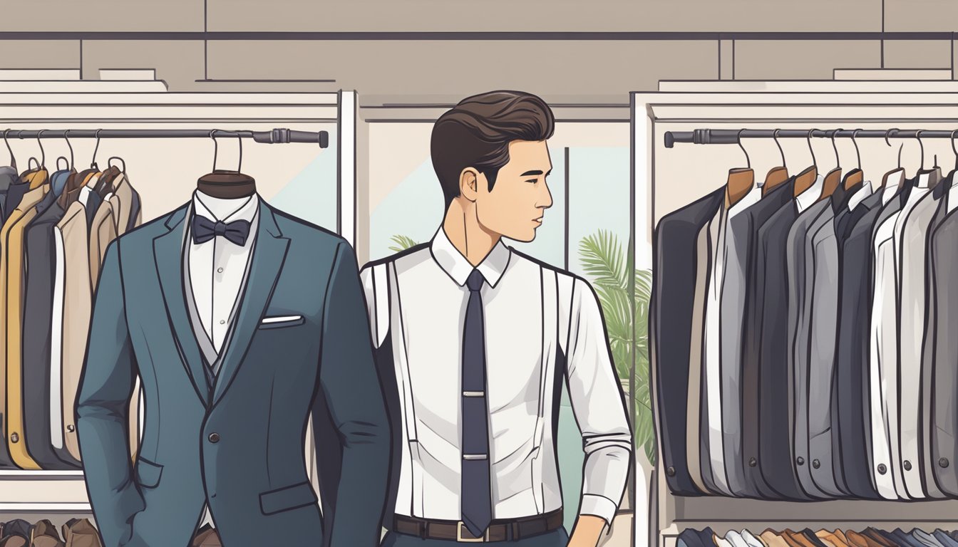 A well-dressed man browsing through a selection of suit vests in a stylish boutique in Singapore, carefully examining the fit and style options available