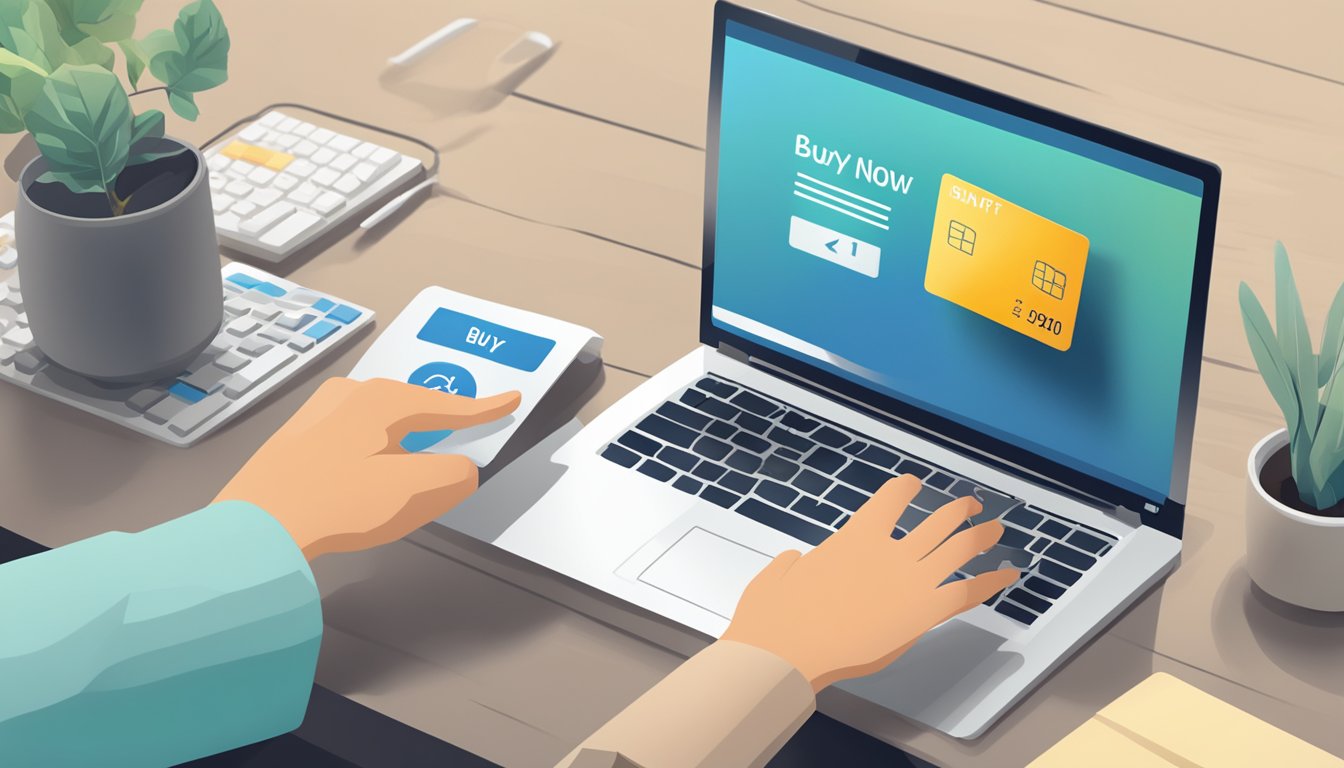 A hand reaches for a smart card on a computer screen, with a "buy now" button highlighted