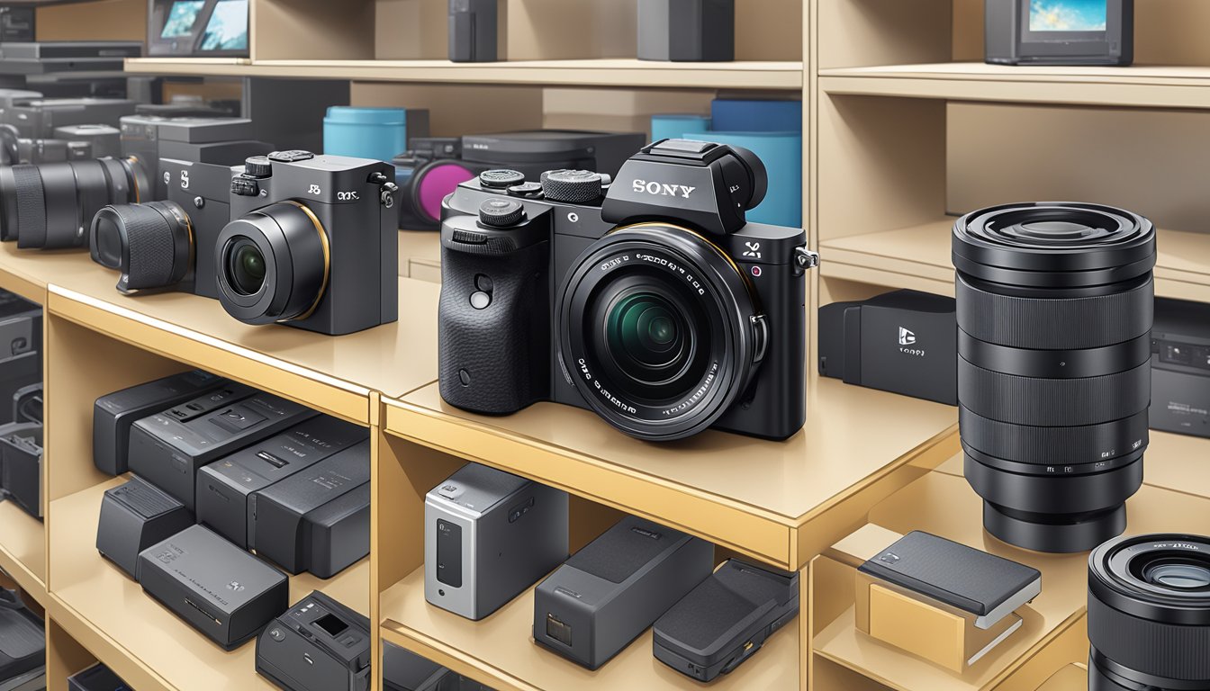 A Sony mirrorless camera sits on a display shelf at Best Buy, surrounded by other electronic devices