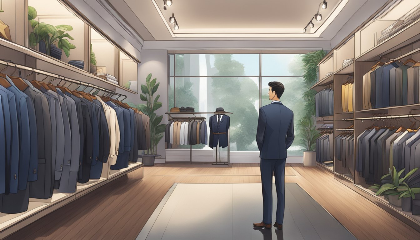 A well-dressed man browsing through racks of suit vests in a stylish boutique in Singapore. Bright lighting and neatly organized displays create an inviting atmosphere
