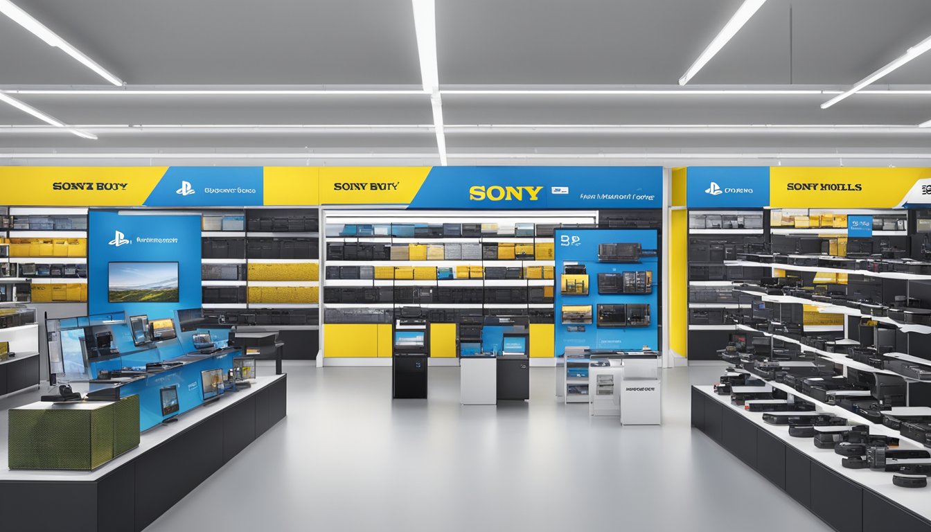 A display of Sony mirrorless cameras at a Best Buy store, with various models and features showcased on shelves and a promotional banner overhead