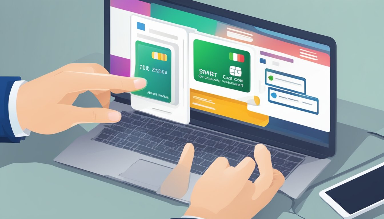 A hand reaches for a smart card online. The computer screen displays a website for purchasing smart cards