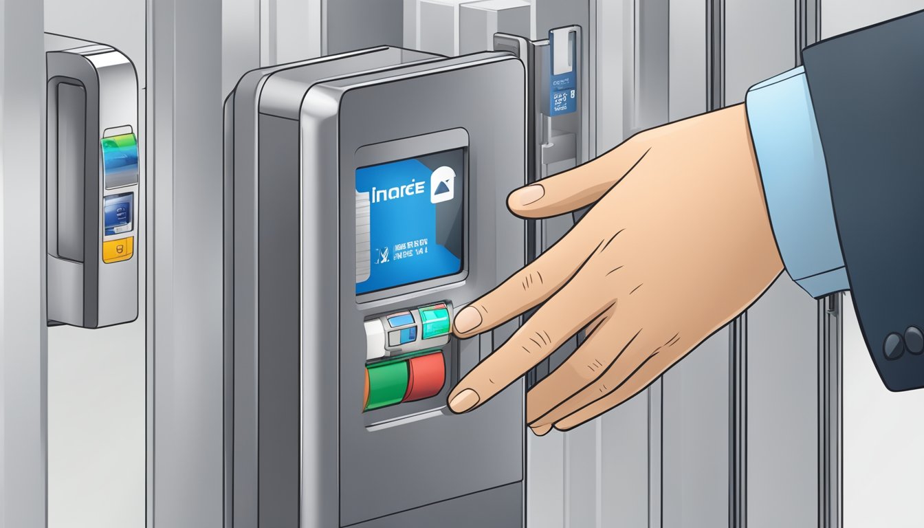 A hand reaches out to tap a smart card on a sensor at a transit gate, with a digital display showing the card balance