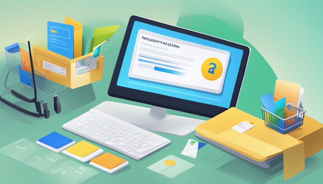 A smart card displayed on a computer screen with a "Frequently Asked Questions" section. An online shopping interface surrounds the screen