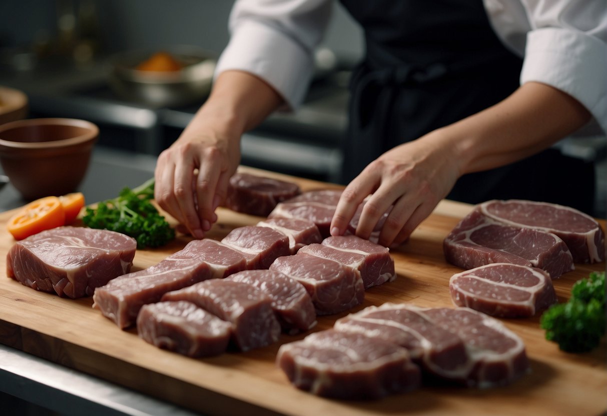 A chef carefully selects and prepares various offal cuts for Chinese recipes, laying them out on a clean cutting board