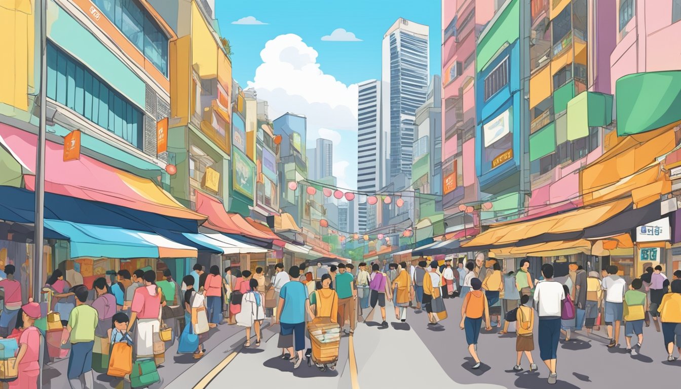 A bustling street in Singapore, with colorful storefronts and signs advertising strollers. Crowds of people browse the selection, while vendors showcase their products with enthusiasm