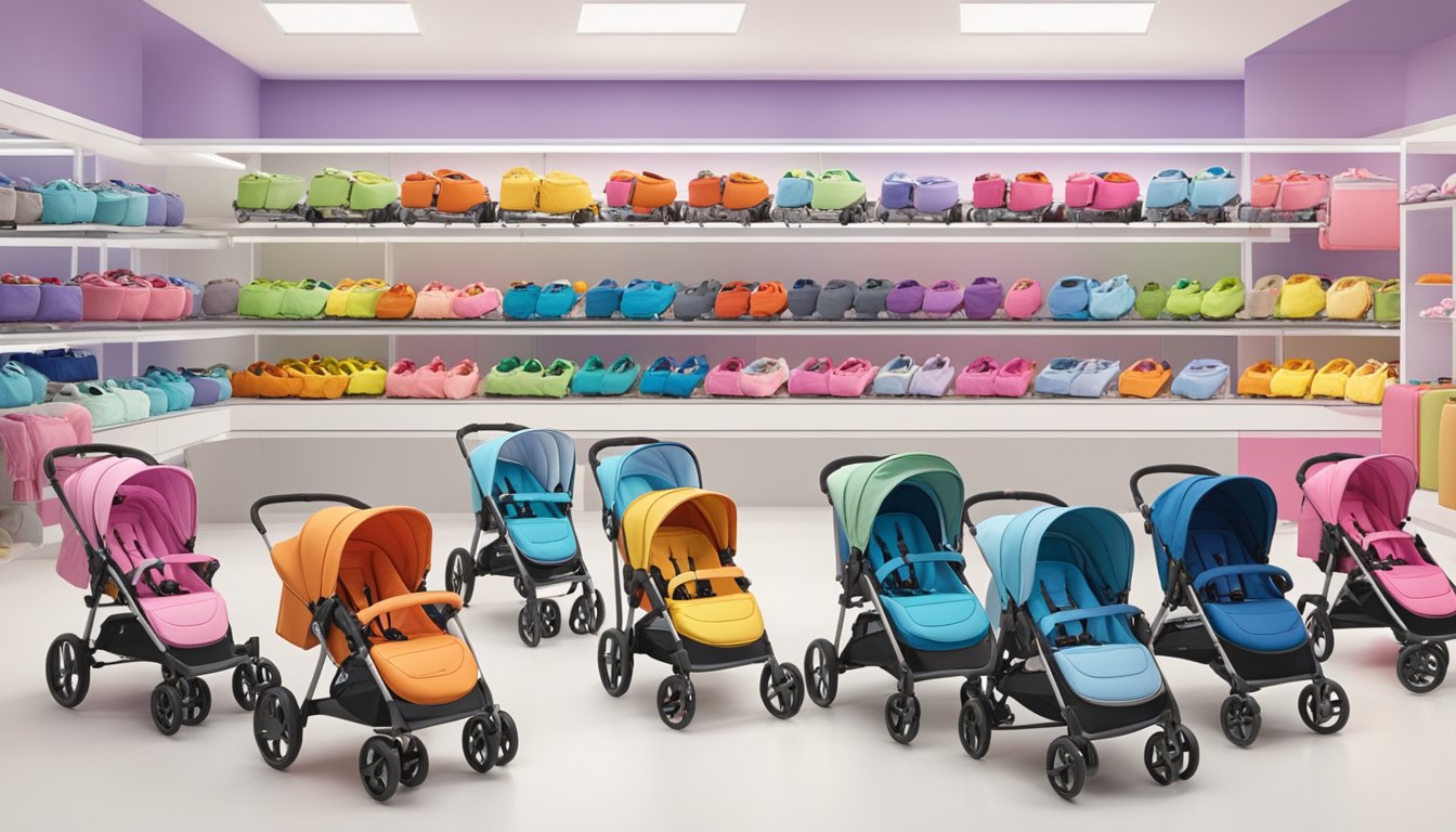 A colorful display of strollers in a Singapore baby store, with various models and features showcased for parents to choose from
