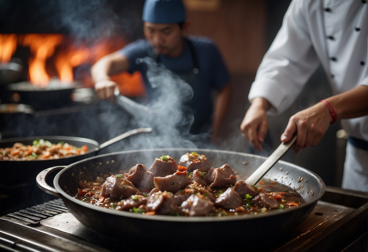 Chinese offal sizzling in a wok, steaming with fragrant spices, while a chef skillfully wields a cleaver nearby