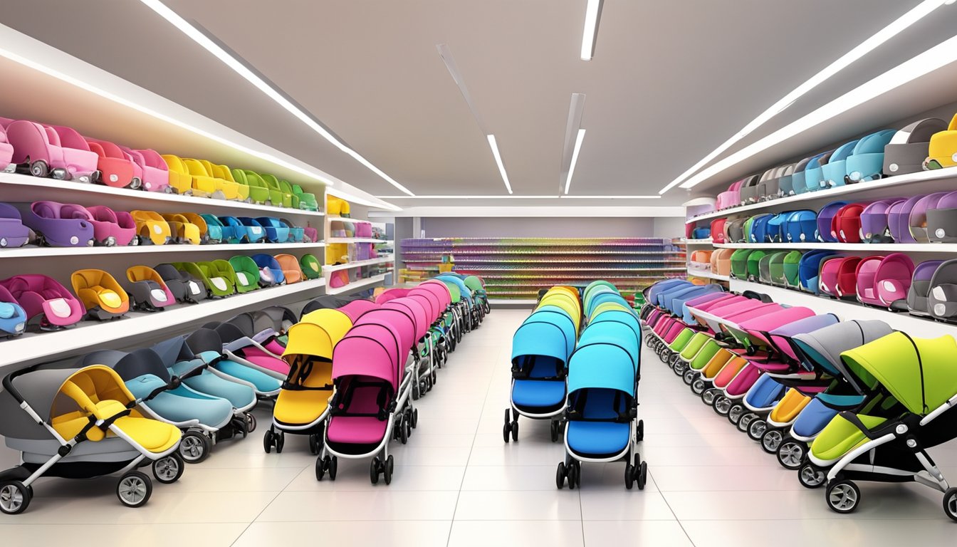 A colorful array of strollers lines the aisles of a baby store in Singapore, with various models and designs on display. Bright lights illuminate the showroom, highlighting the sleek and modern features of the strollers