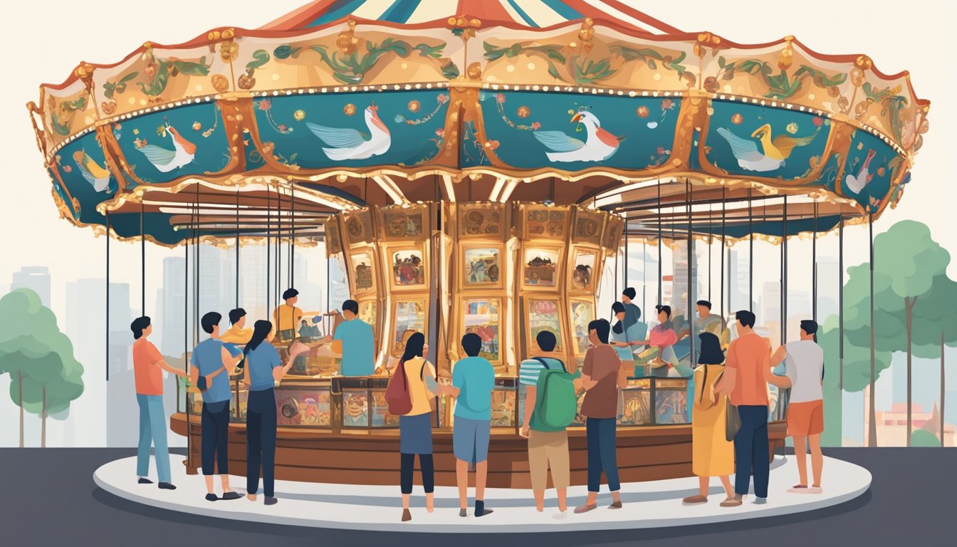 A carousel spins as people buy and sell goods in Singapore