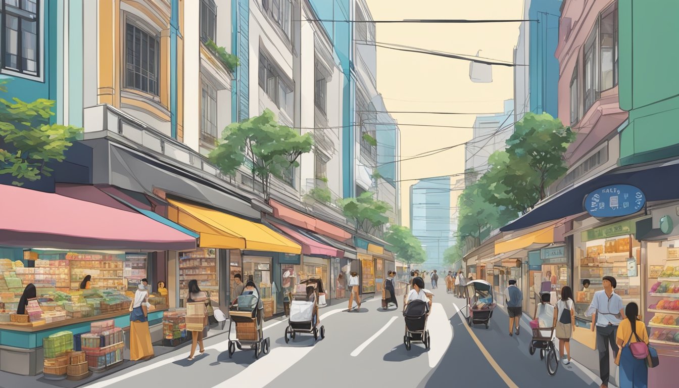 A busy Singapore street with stroller shops and signage, people browsing and purchasing