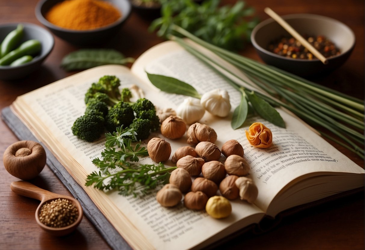 A table filled with various spices, herbs, and ingredients used in Chinese offal recipes. A pair of chopsticks rests on a recipe book open to a page about flavor pairings