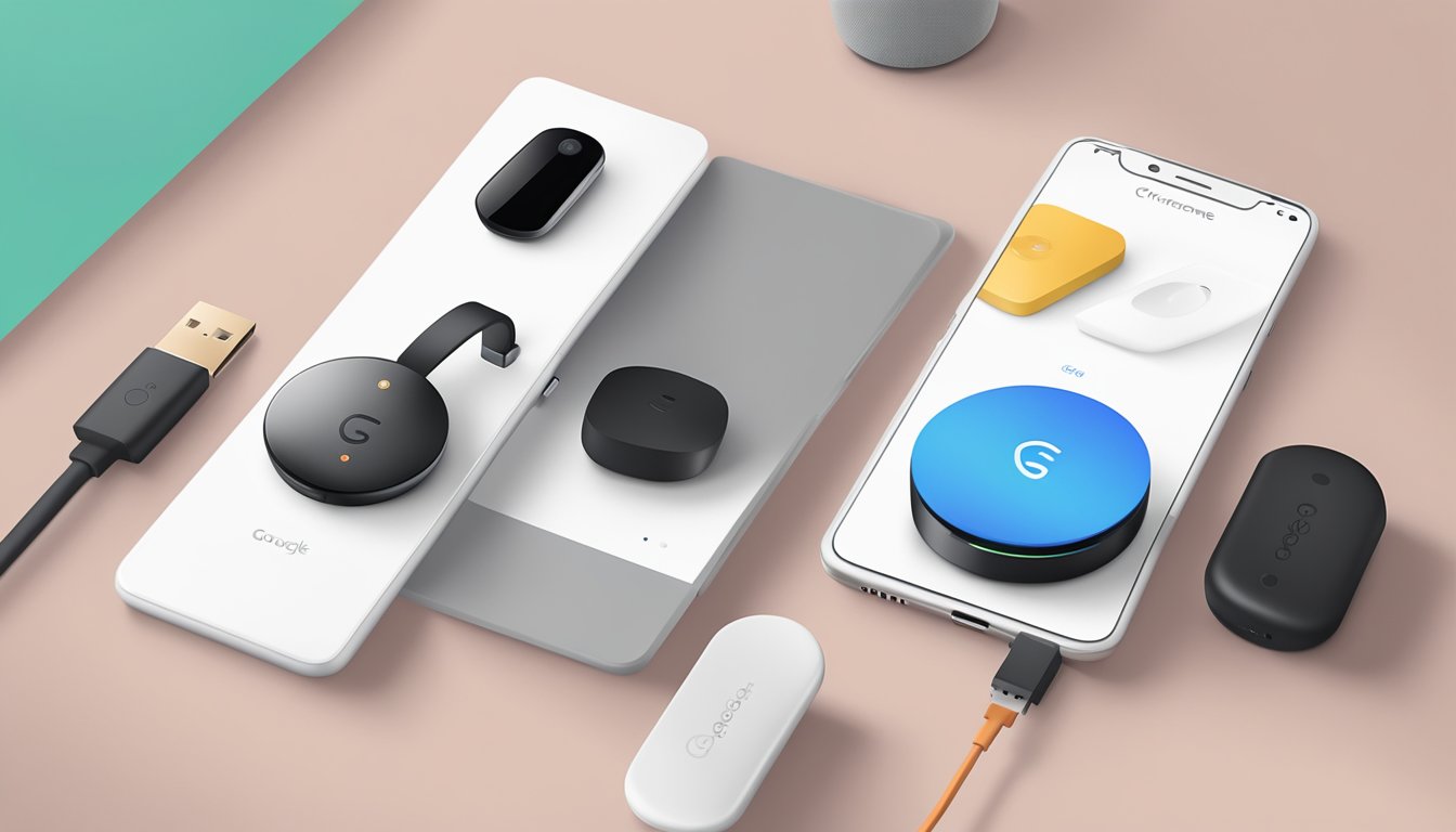 A hand reaches for a new Chromecast in its packaging, while a smartphone with the Google Home app is ready to set it up