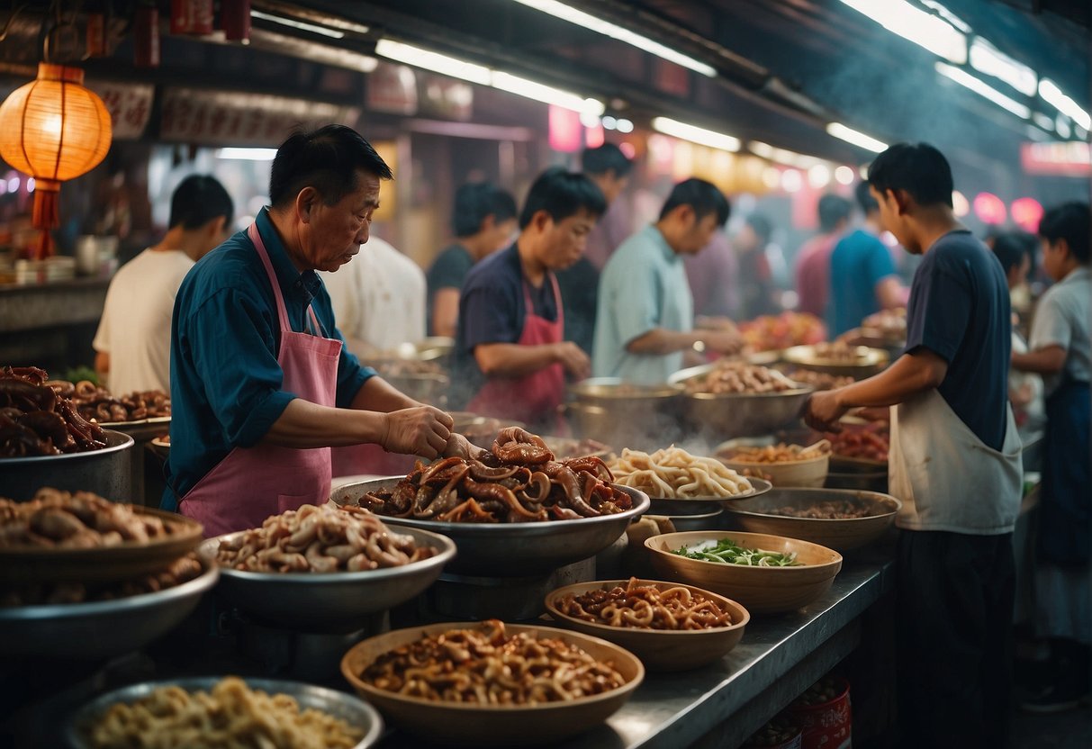 A bustling Chinese market with vendors selling various offal dishes, including pig intestines, duck tongues, and tripe. The air is filled with the aroma of sizzling meats and savory spices