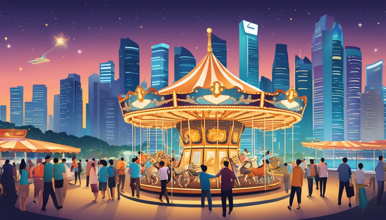 A bustling carousel with vibrant buy and sell signs, set against the iconic skyline of Singapore. The carousel is filled with eager buyers and sellers, creating a lively and dynamic atmosphere