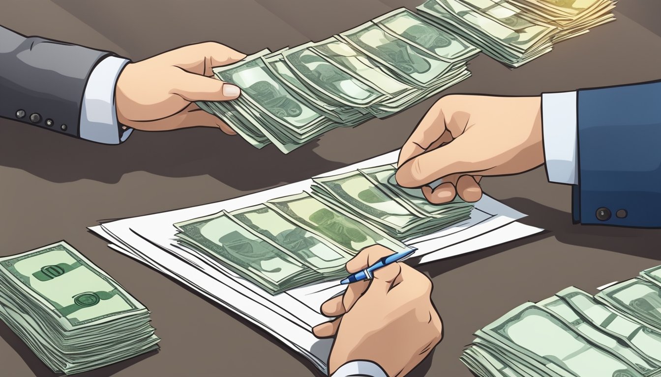 A foreigner signs a legal document and hands over money to a government official in a Singaporean real estate office