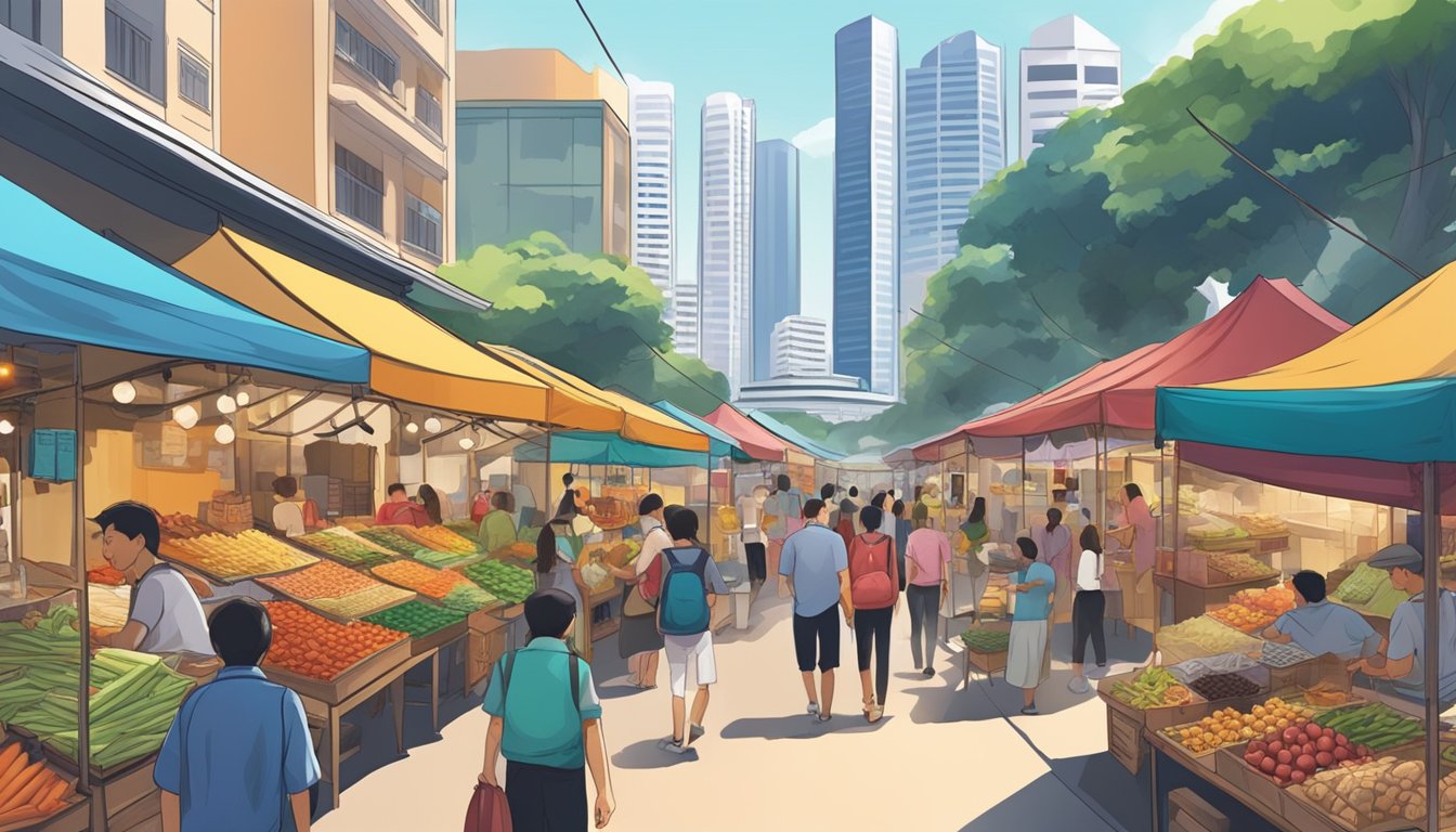 A bustling street market with colorful stalls selling souvenirs, traditional crafts, and local delicacies in Singapore. Skyscrapers loom in the background