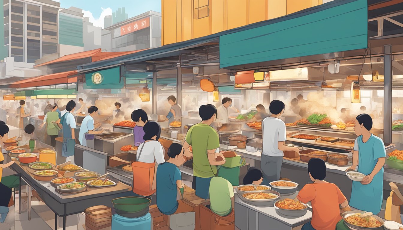 A bustling hawker center with steaming pots, sizzling grills, and colorful displays of iconic Singaporean dishes like chili crab, Hainanese chicken rice, and laksa