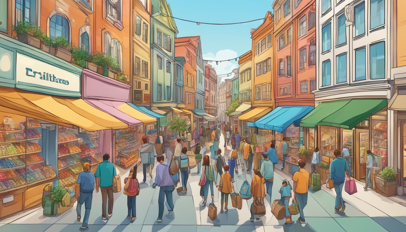 A bustling street lined with colorful storefronts and bustling with shoppers, showcasing a variety of goods from traditional crafts to modern electronics