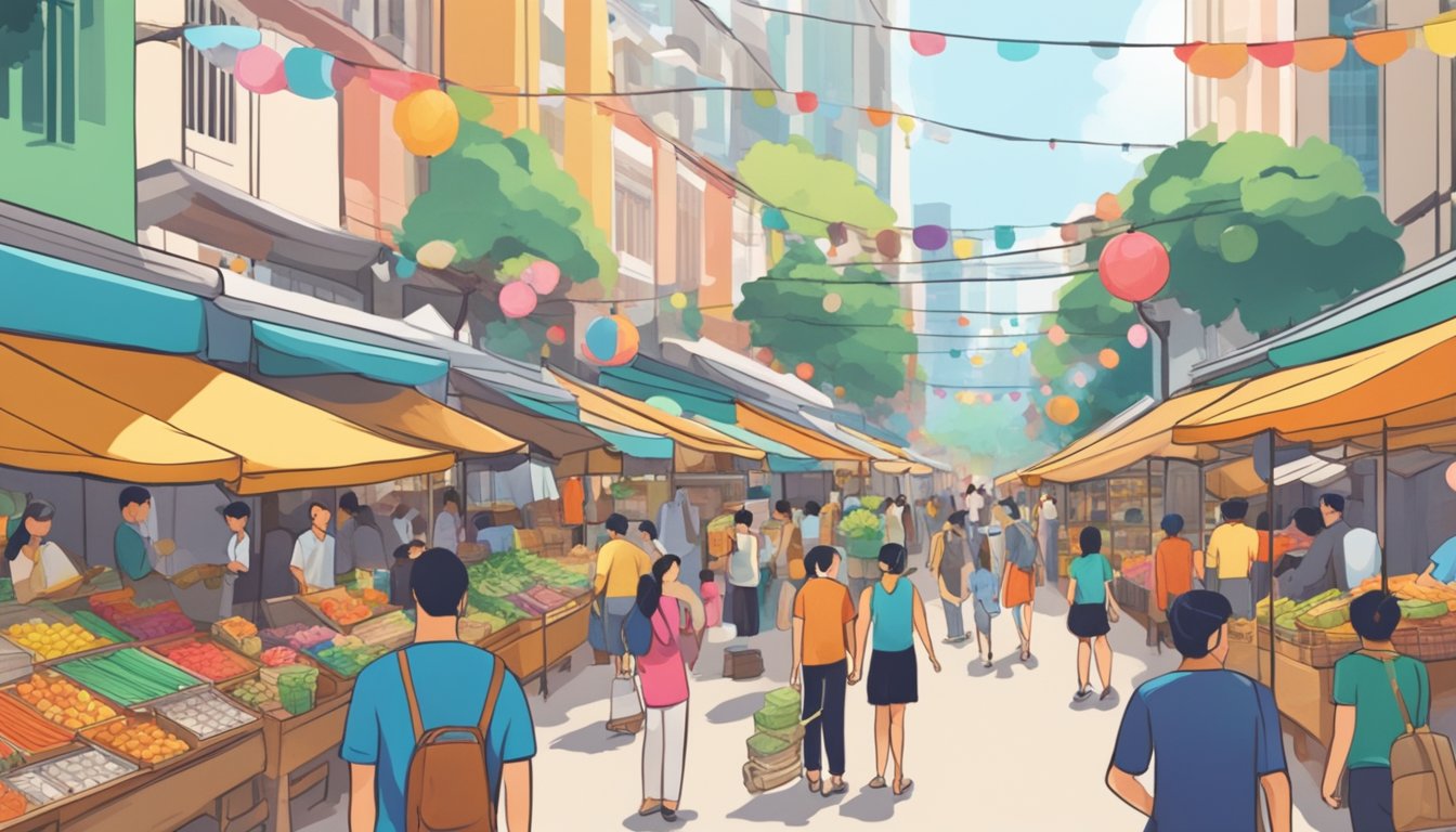A bustling street market in Singapore, with colorful stalls selling various items. A sign lists the "Top 10 Things to Buy in Singapore" as people browse and shop