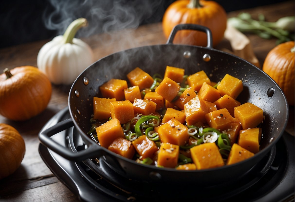 Pumpkin chunks sizzle in a wok with garlic, ginger, and soy sauce. Steam rises as the ingredients are tossed together, creating a fragrant and colorful stir fry