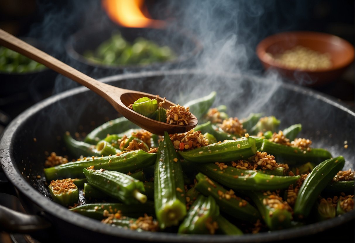 Chinese okra being stir-fried with Indian spices in a sizzling wok. Aromatic steam rises as the ingredients are tossed together