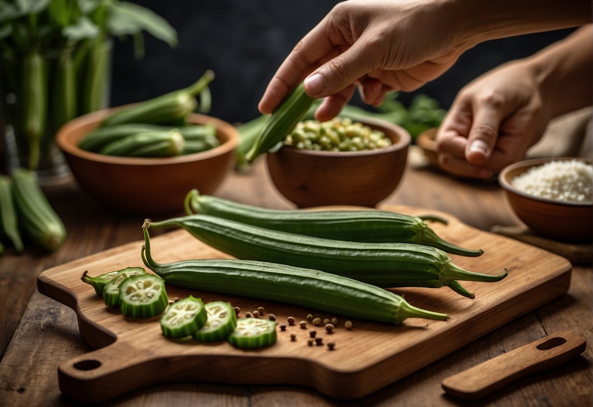 A hand reaching for Chinese okra, a cutting board with sliced okra, and a bowl of spices ready for preparing the Indian recipe
