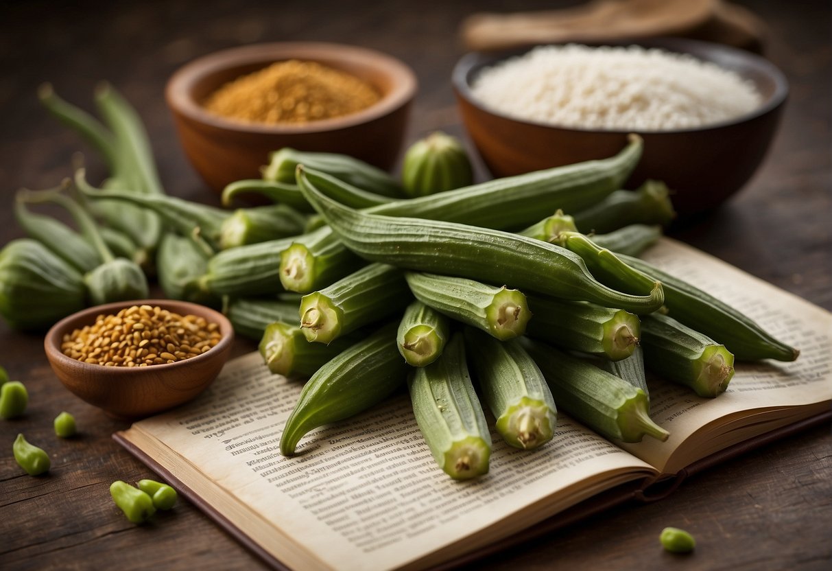 Chinese okra, Indian spices, and alternative ingredients arranged on a rustic kitchen counter. A recipe book lies open, with a handwritten note detailing possible substitutions