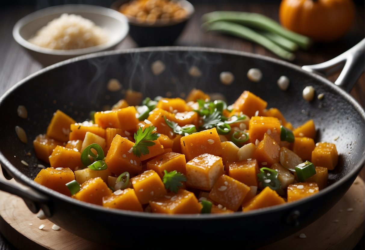 A wok sizzles with diced pumpkin, garlic, and ginger. Soy sauce, sesame oil, and sugar sit nearby for the Chinese stir fry recipe
