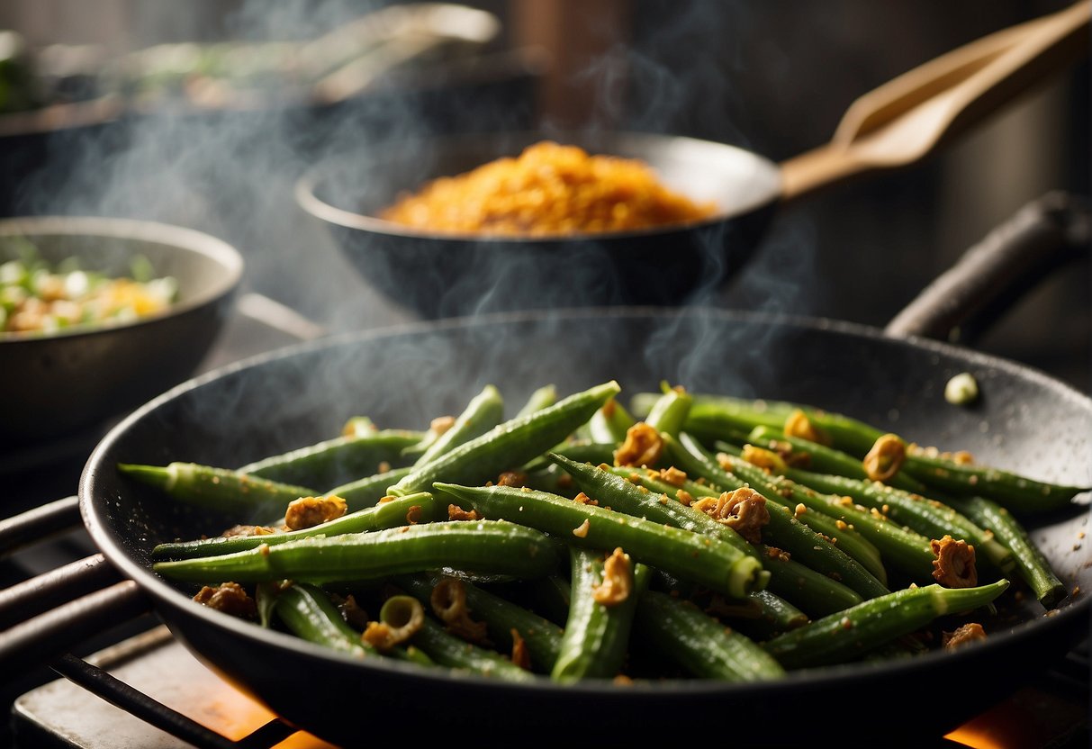 Chinese okra being stir-fried in a wok with Indian spices, steam rising, vibrant colors, and the aroma filling the air