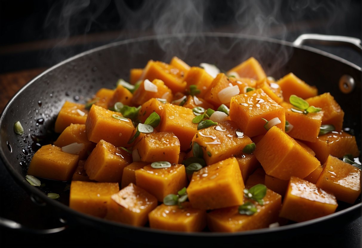Pumpkin chunks sizzle in a wok with garlic, ginger, and soy sauce. Steam rises as the ingredients are tossed, creating a fragrant stir-fry