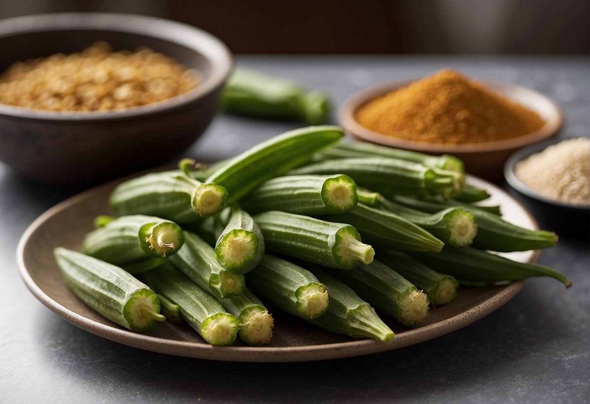 Fresh Chinese okra, spices, and nutritional information labels on a kitchen counter. Indian recipe book in the background
