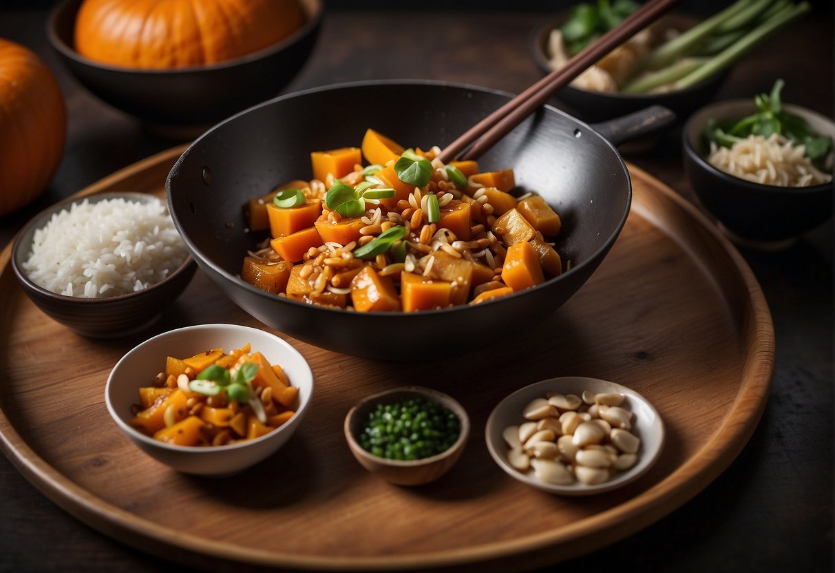 A wok sizzles as pumpkin slices are stir-fried with garlic, ginger, and soy sauce. A steaming bowl of rice sits nearby, ready to be served