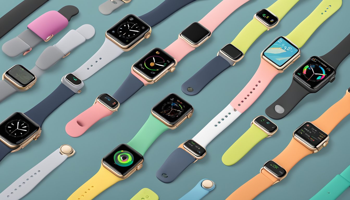 An Apple Watch display with various models, sizes, and features showcased