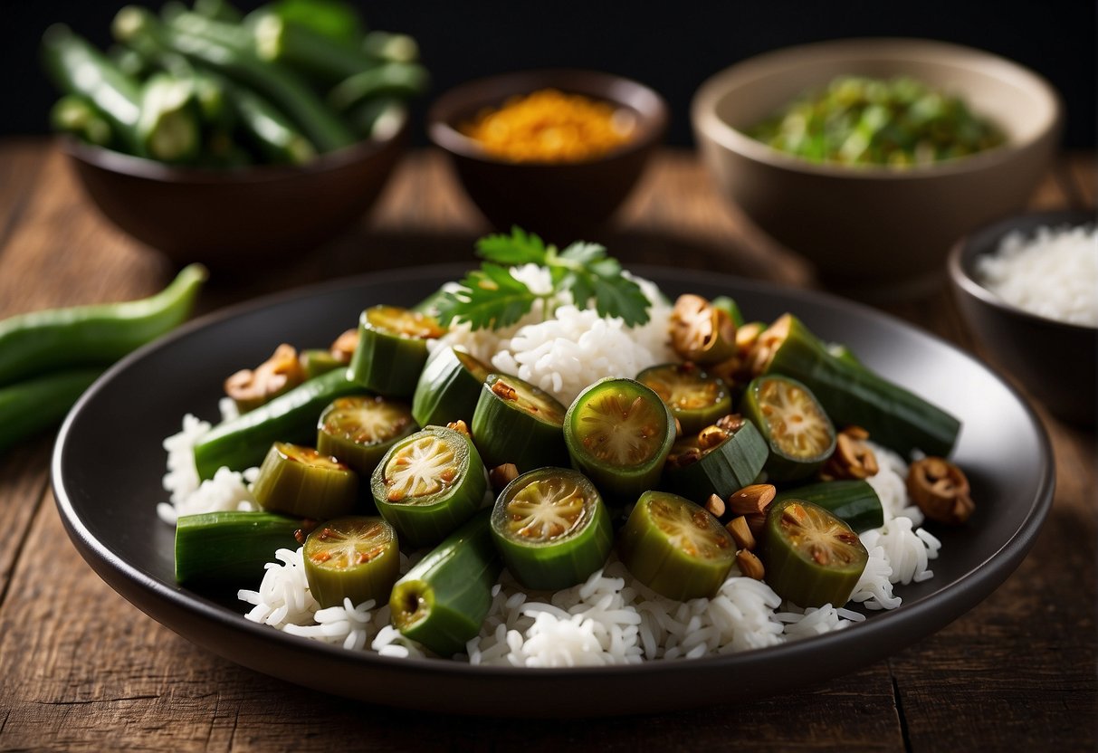 A plate of Chinese okra stir-fry with Indian spices, garnished with cilantro and served with steamed rice on a wooden table
