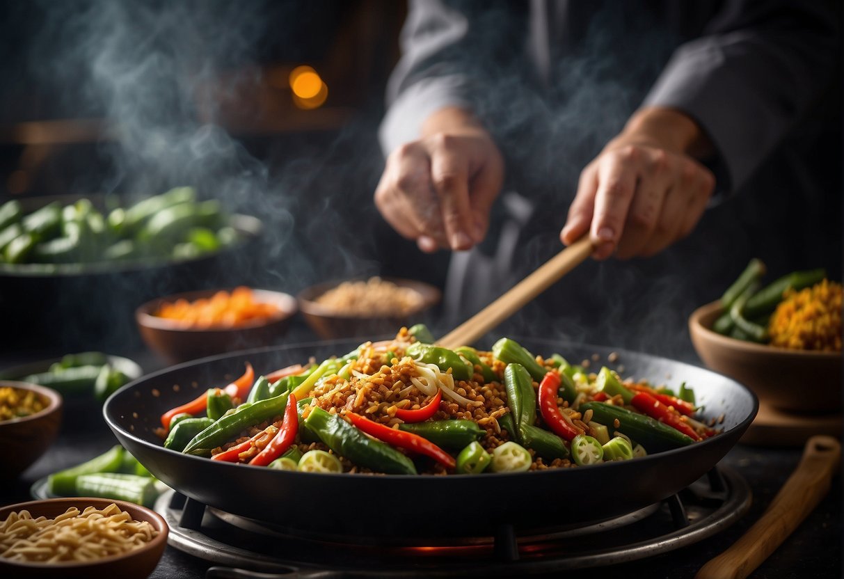 A wok sizzles as Chinese okra is stir-fried with Indian spices. A chef's hand reaches for a recipe book
