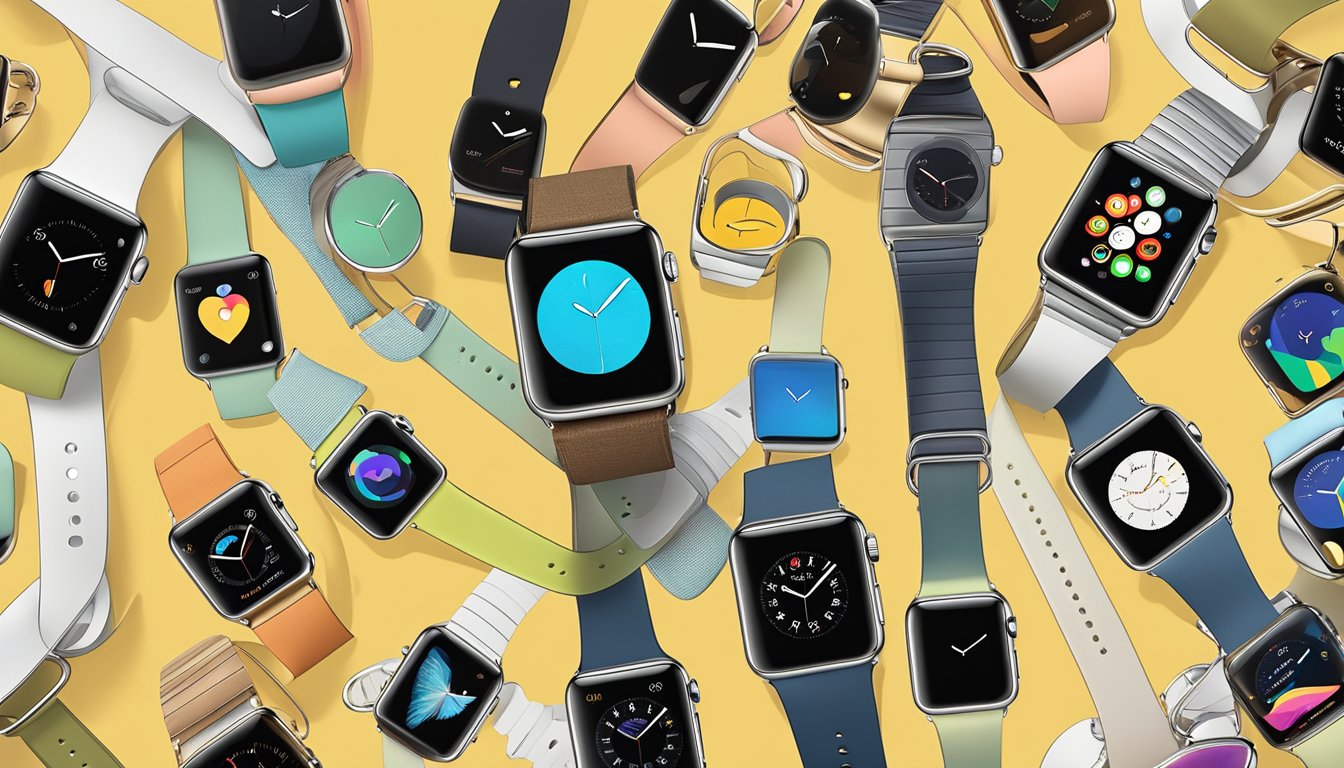 An array of Apple Watch models displayed on a sleek table, each showcasing its unique features and design, ready for the perfect choice