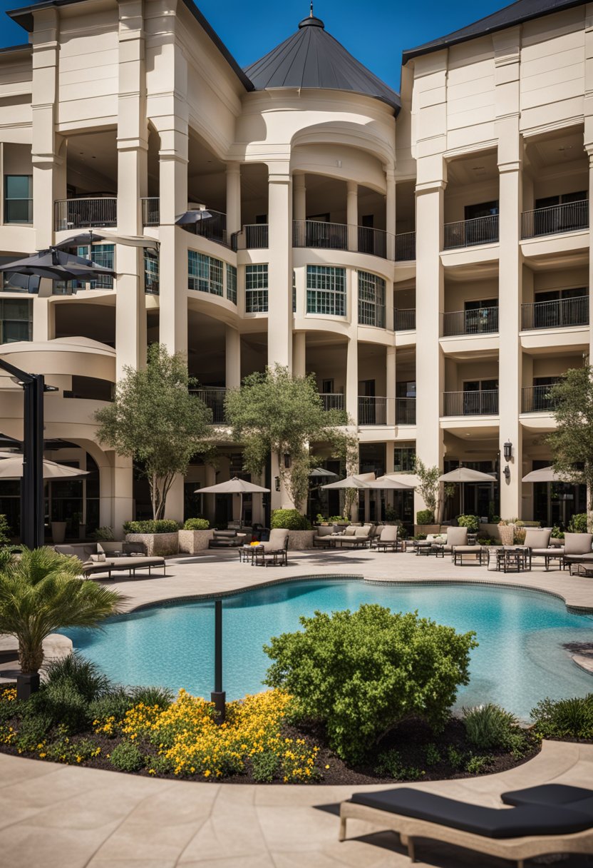 The Hilton Waco features a grand entrance with a porte-cochère, modern lobby with comfortable seating, and a luxurious swimming pool with lounge chairs and umbrellas