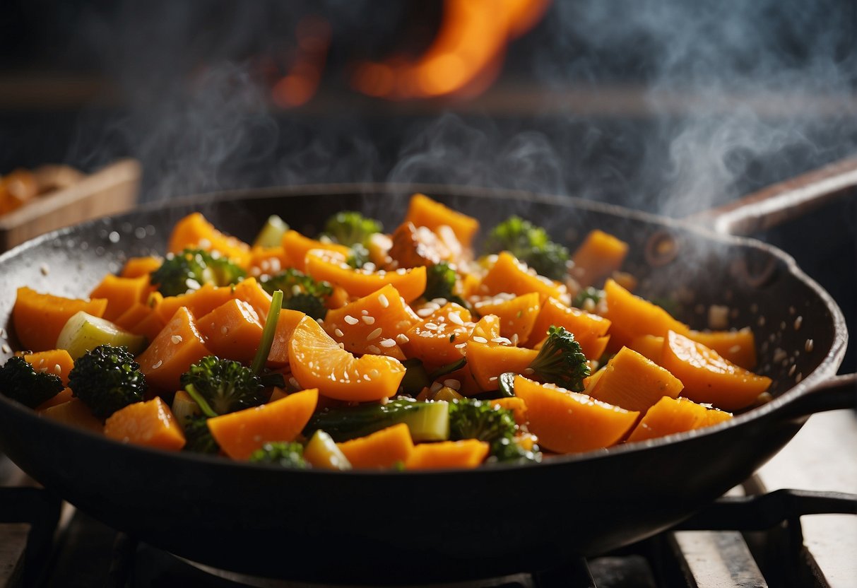 A sizzling wok cooks chunks of vibrant orange pumpkin, releasing a fragrant aroma of garlic, ginger, and soy sauce, creating a healthy and delicious Chinese stir fry dish