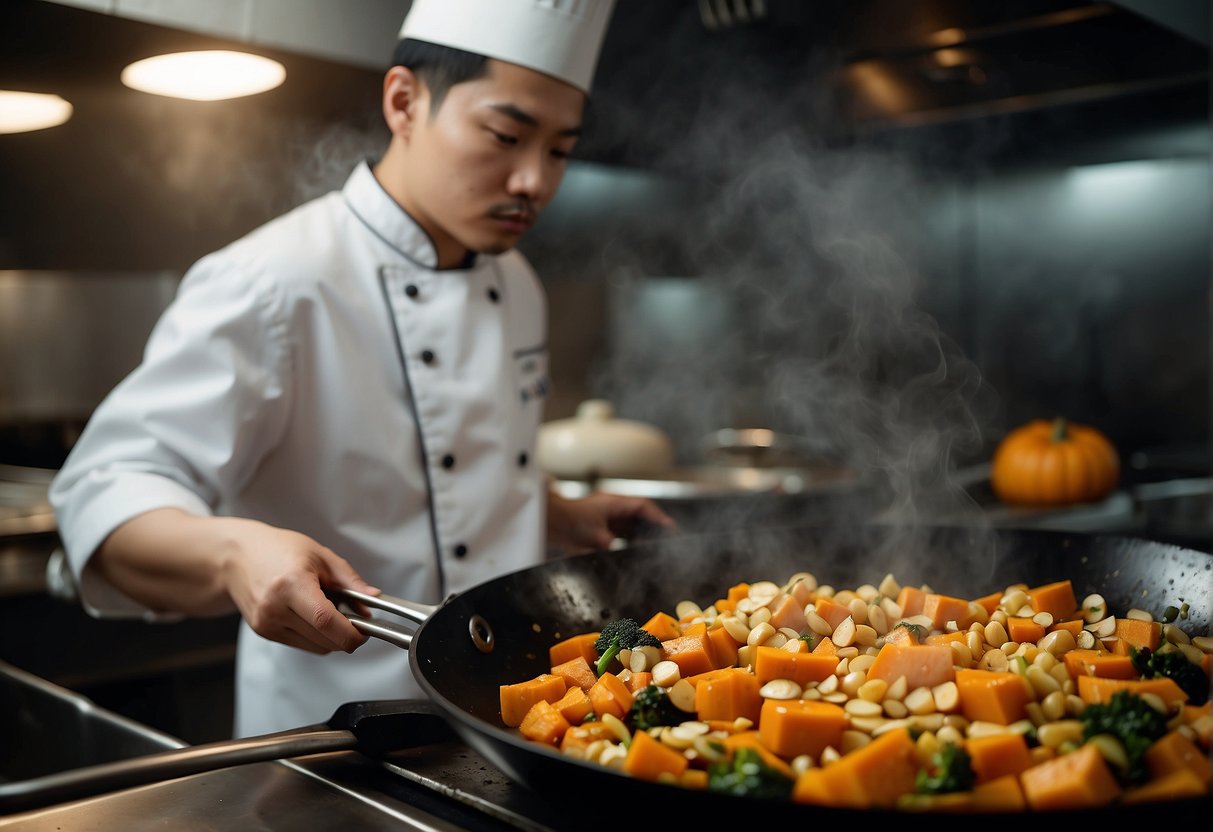 A wok sizzles with diced pumpkin, garlic, and ginger. Steam rises as a chef stirs in soy sauce and spices. Text reads "Frequently Asked Questions stir fry pumpkin Chinese recipe."