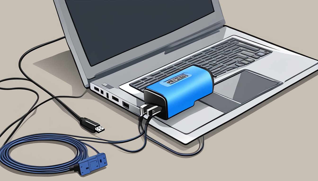 A USB to optical audio adapter is plugged into a laptop, with the optical cable connected to a high-quality audio system. The laptop screen displays the best buy website showcasing the adapter