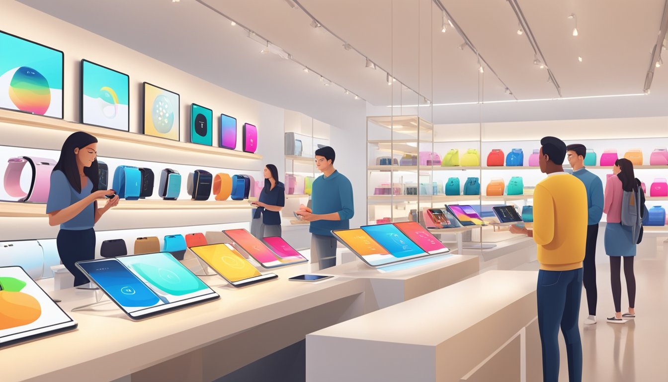 A display of various Apple Watch models with price tags and features. Customers browsing, sales associates assisting. Bright and modern store ambiance