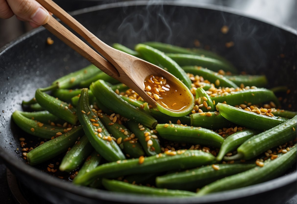 Chinese okra being sliced, seasoned, and stir-fried in a wok with garlic, ginger, and soy sauce