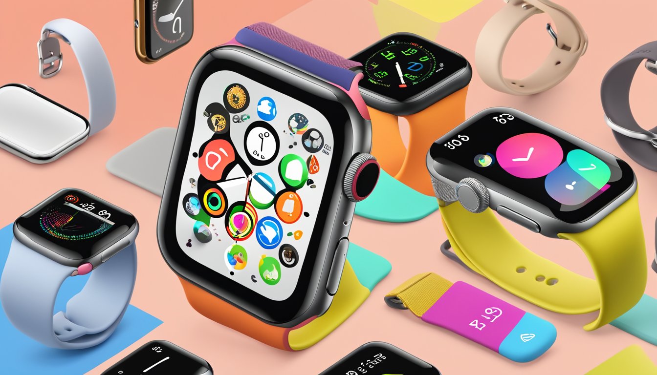 An Apple Watch displayed with various models, sizes, and colors, surrounded by a collection of frequently asked questions about the product