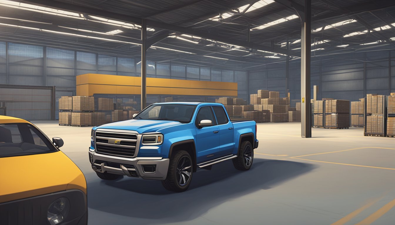 A character purchases a vehicle warehouse in GTA Online, with a computer screen showing the transaction and a sleek, modern warehouse in the background