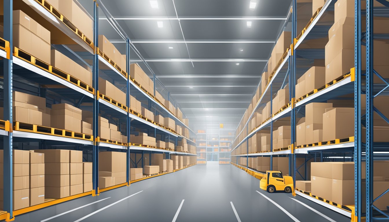 Warehouse layout with organized shelves and inventory. Efficient use of space with clear labeling. Automated machinery for loading and unloading goods
