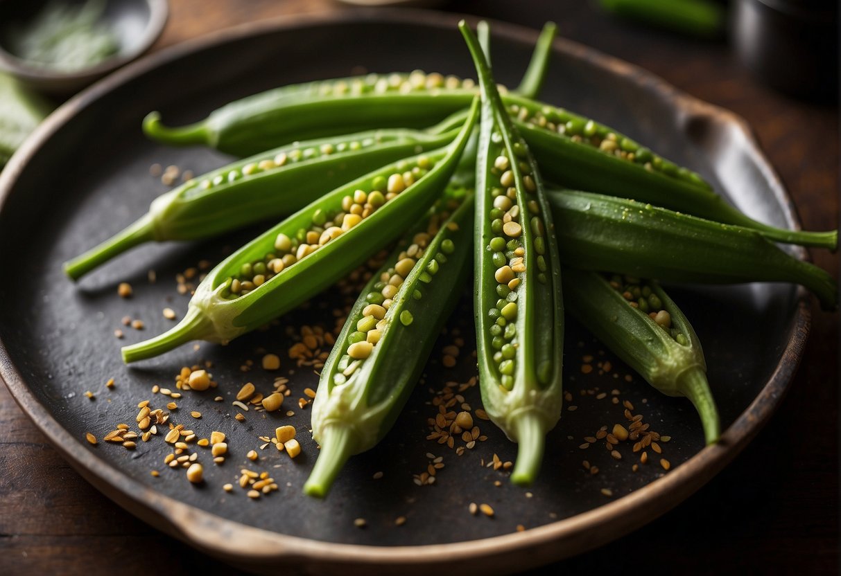 Chinese okra being seasoned with spices and herbs, ready to be cooked for a flavorful dish