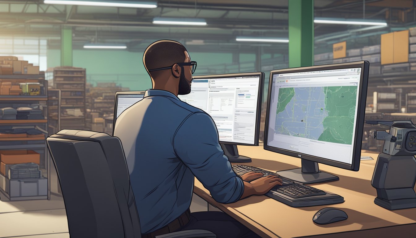A character browsing a computer screen with "Frequently Asked Questions: GTA Online How to Buy Vehicle Warehouse" displayed prominently