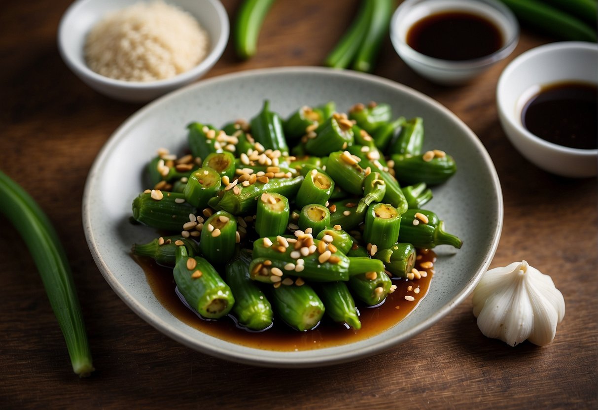 A plate of stir-fried Chinese okra with garlic and soy sauce, garnished with sesame seeds and green onions, placed on a wooden table